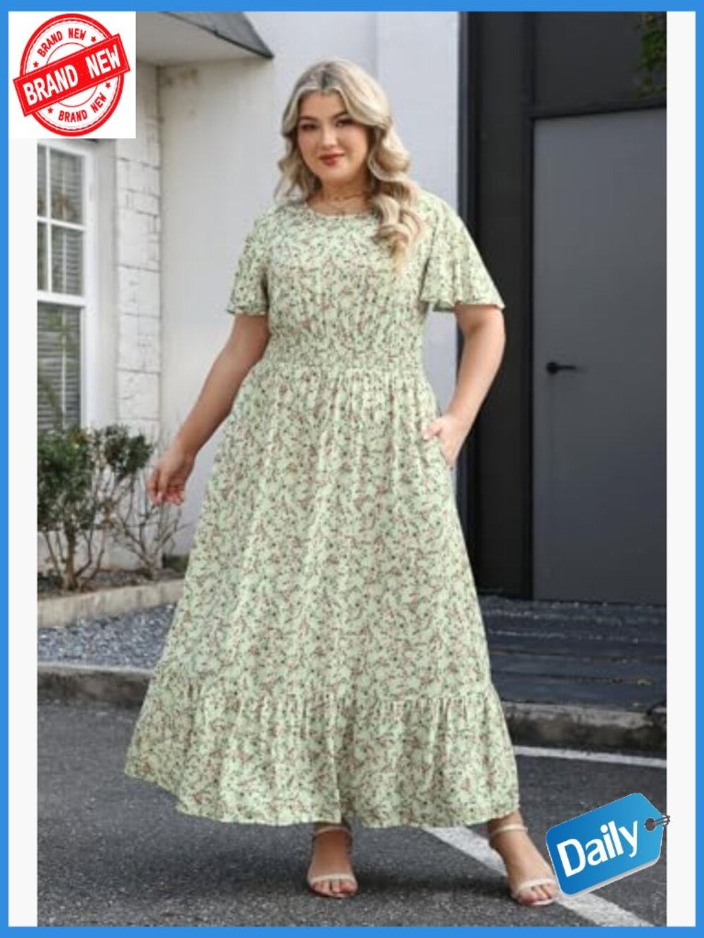 Plus Size Floral Maxi Dress Smocked Waist Flutter Sleeves Boho Casual - Picture 3 of 6